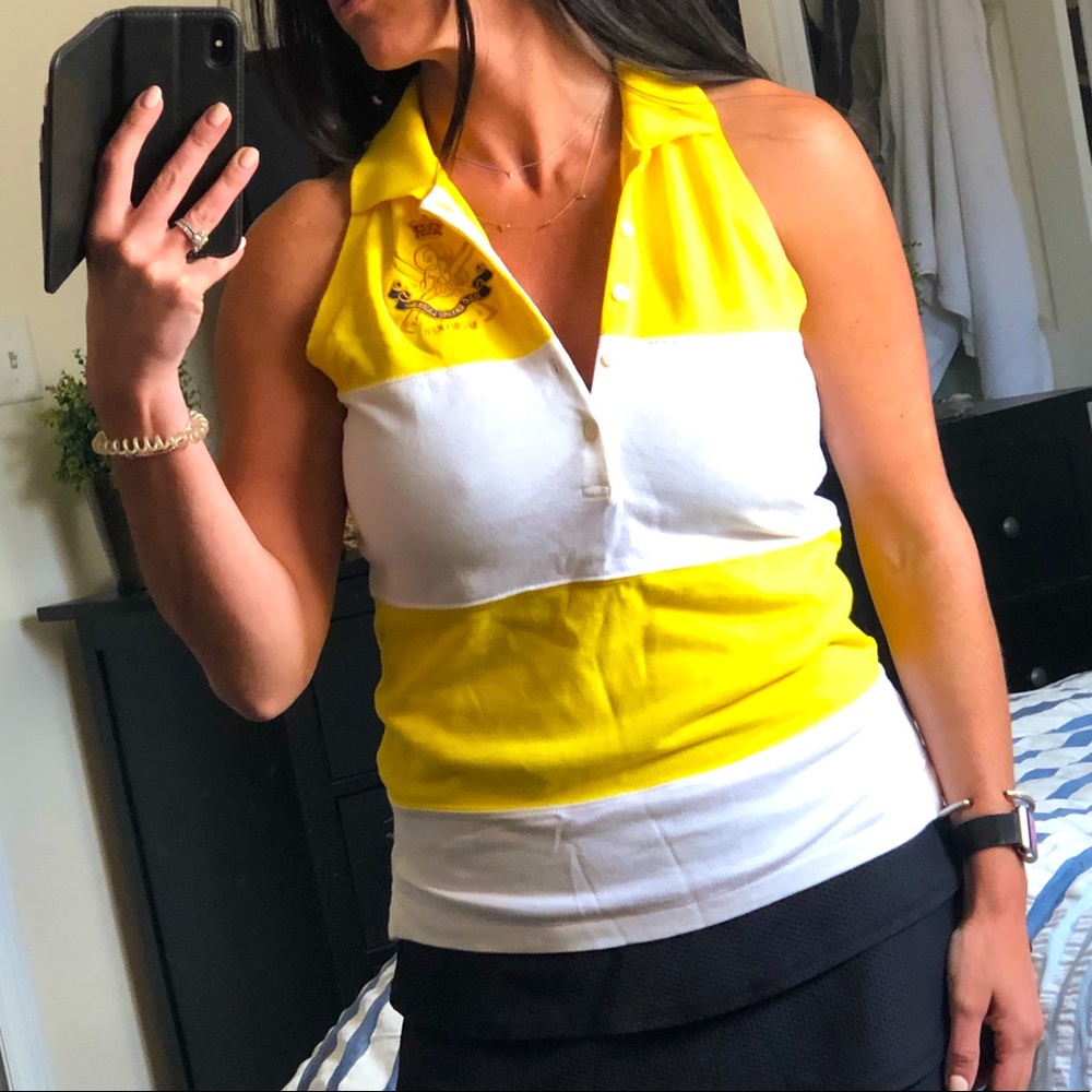 Yellow and White Sleeveless Polo Top